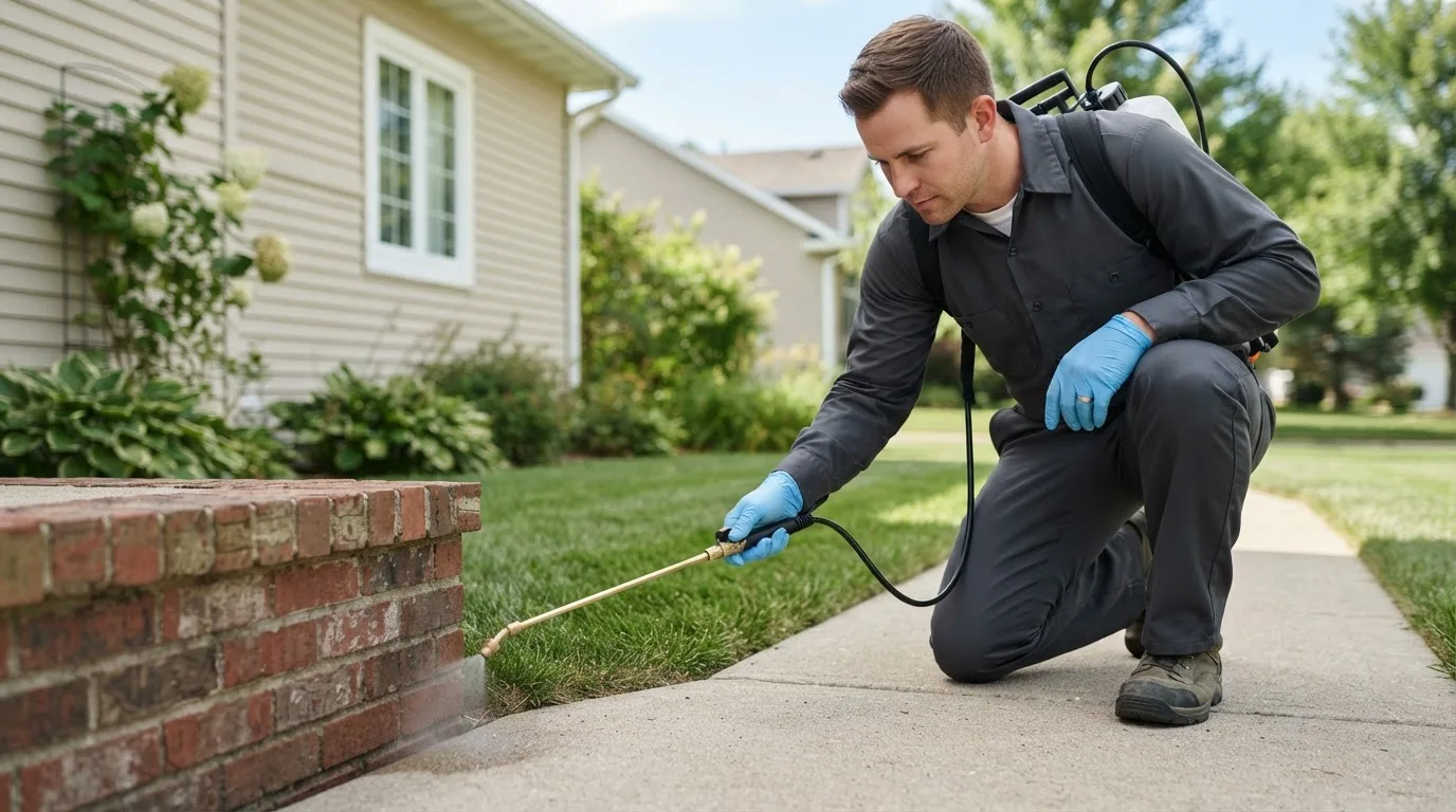 Pest control technician treating a home near Hudson, KS