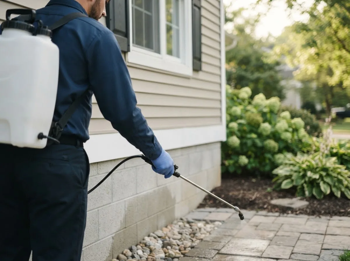 Pest control technician inspecting a home in Hudson, KS